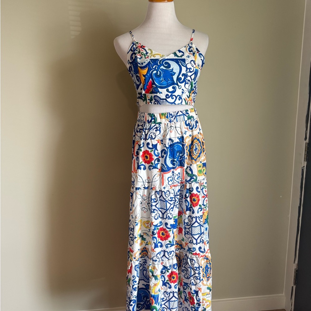 Colorful Patterned Maxi Skirt with Matching Crop Top
